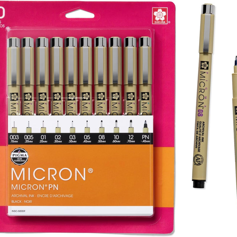 Sakura Pigma Micron, Graphic & Brush Fineline Pens, Archival Black Ink, 8 PK 30067