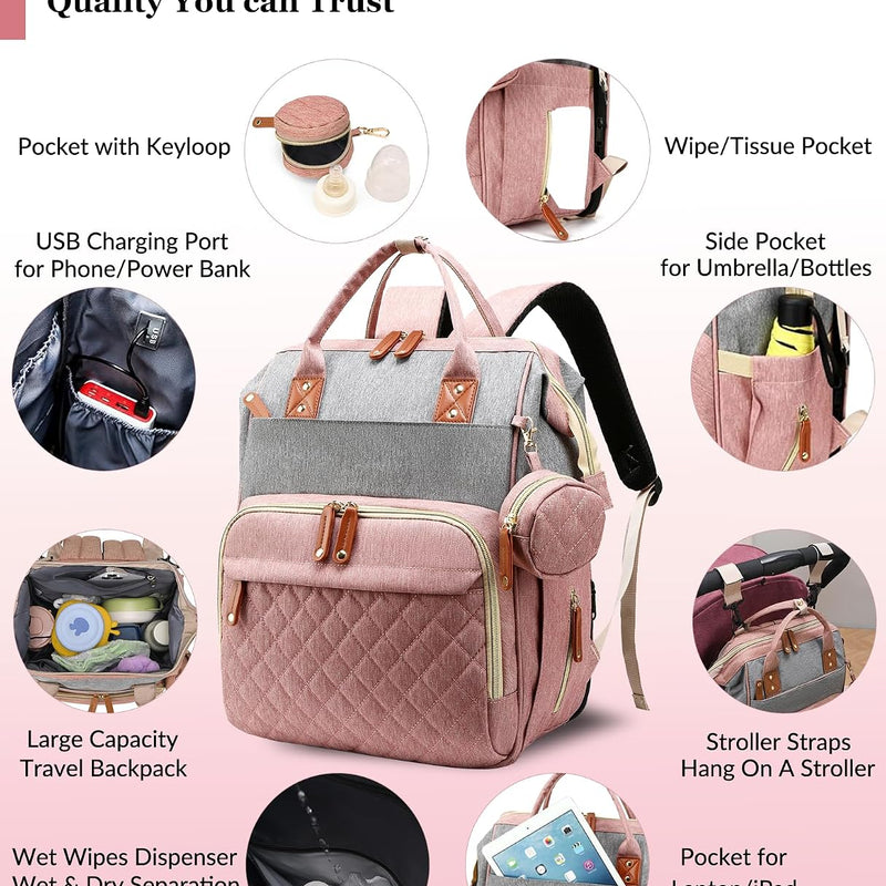Diaper Bag with Changing Station, Waterproof 3 in 1 Diaper Backpack with Foldable Changing Pad, Large Travel Backpack for Mom & Dad, Baby Gift for Baby Girl & Boy, Pink-Grey