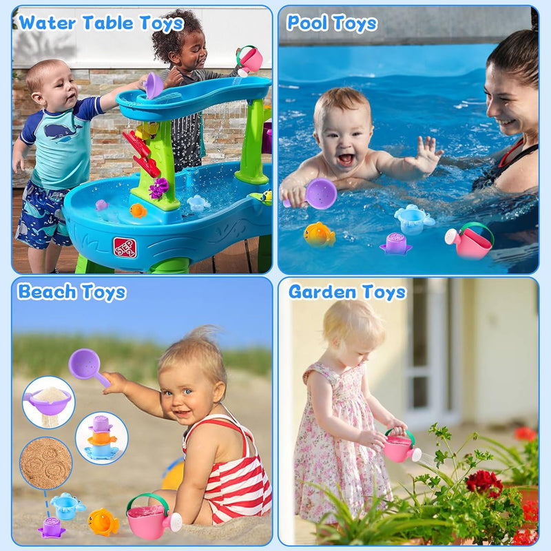 Fajiabao Toddler Bath Toys for Kids Ages 1-3 Stack, Scoop & Pour Set 5 PCS | Drain Quickly Nest for Easy Storage with 3 Animal Stacking Cups, Watering Can & Scoop for Floating Bathub Water Table Play