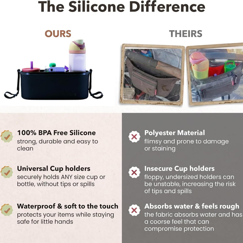 Silicone Stroller Organizer with Cup Holders, Waterproof & Easy-Clean, BPA-Free Caddy with Phone Pocket & Storage, Universal Anti-Slip Straps Fit UPPAbaby, Bugaboo, Nuna, Doona & Most Strollers