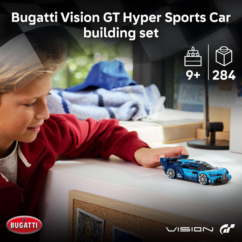 Build the iconic LEGO Speed Champions Bugatti Vision Gran Turismo Hyper Sports Car, a legendary ride for kids aged 9+, with a Bugatti driver minifigure.