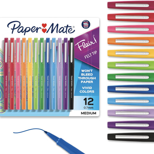 Paper Mate Flair Felt Tip Pens, Medium Point (0.7mm), 12 Count - For Arts & Crafts, Note-Taking, Journaling, School Supplies for Teachers & Students