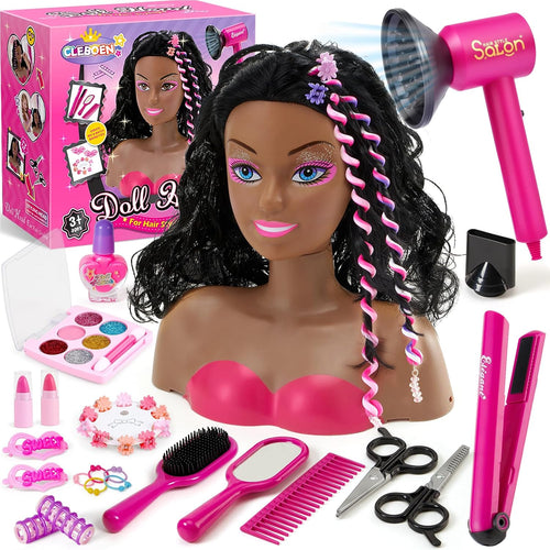 Cleboen Hair Styling Doll Head for Girls, Pretend Play Beauty Salon Makeup Kit with Hair Dryer, Straightener & Real Nail Polish, 35PCS Hair Accessories Playset, Birthday Gifts for Girls Age 4-6 6-8