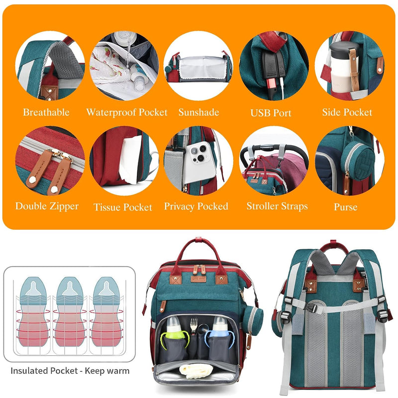 Baby Diaper Bag with Changing Station, Waterproof Diaper Bag Backpack for Moms Dads with USB Charging Port, Baby Shower Gifts, Large Capacity diaper backpack,Red-Green-Blue