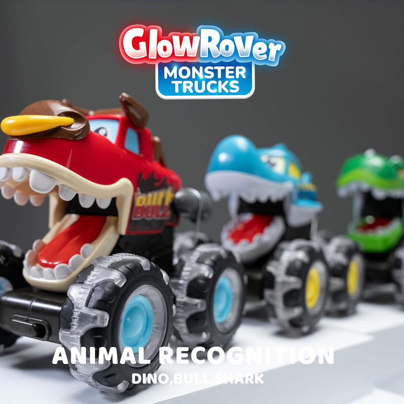 joyin 3-pack motion-activated light-up monster trucks for toddlers with led wheels and press-and-go feature