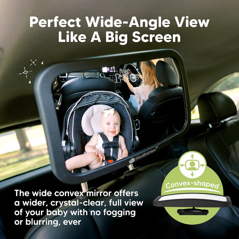 KeaBabies Baby Car Seat Mirror, Wide View, Shatterproof (Matte Black) | Backseat Infant Car Mirror for Baby Rear Facing, Crystal Clear View, Travel, Easy Install & Adjust for Removable Headrest
