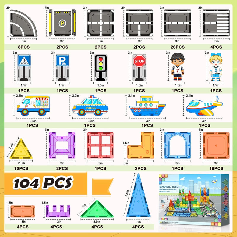 104 PCS Magnetic Tiles Road Set for Kids Ages 3-5, 5-7, 4-8, Magnet Building Blocks for Toddler Toys Games