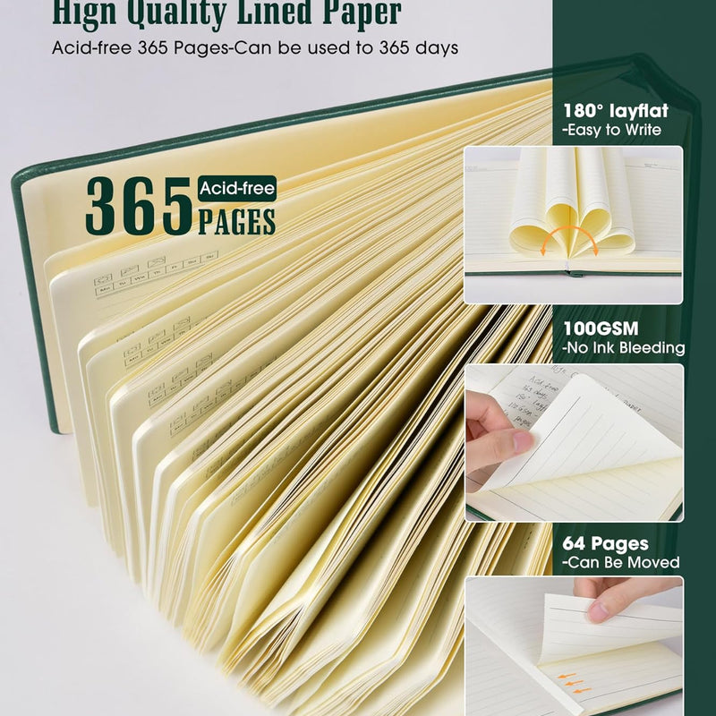 Lined Journal Notebook -365 Pages A5 Thick Journals for Writing Ruled Notebook, Hardcover Leather Journal for Women Men Daily Journal Notebook for Work, Note Taking, 100Gsm Lined Paper( 5.75'' X 8.38'' Green)