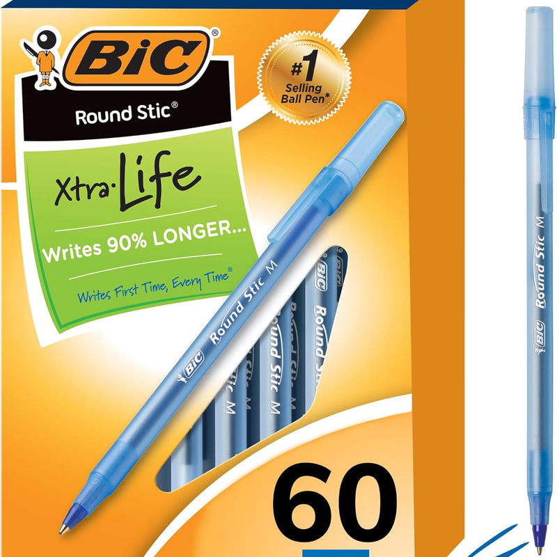 BIC Round Stic Xtra Life Ballpoint Pen with 1.0 mm Medium Point and Consistent Ink Flow, 60-Count in Blue Ink