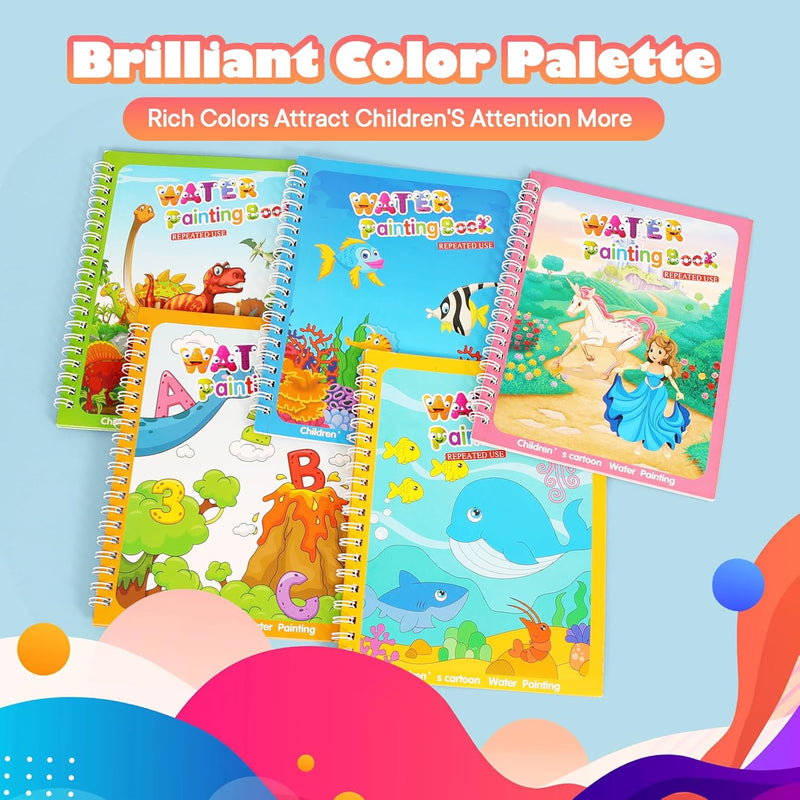 5-Pack Reusable Water Coloring Books for Toddlers, Mess-Free Portable Educational Doodle Toys