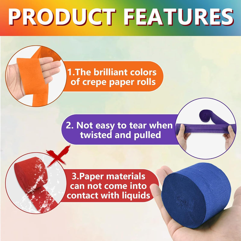 12 rolls crepe paper streamers, assorted colors, 82 feet length, birthday party supplies