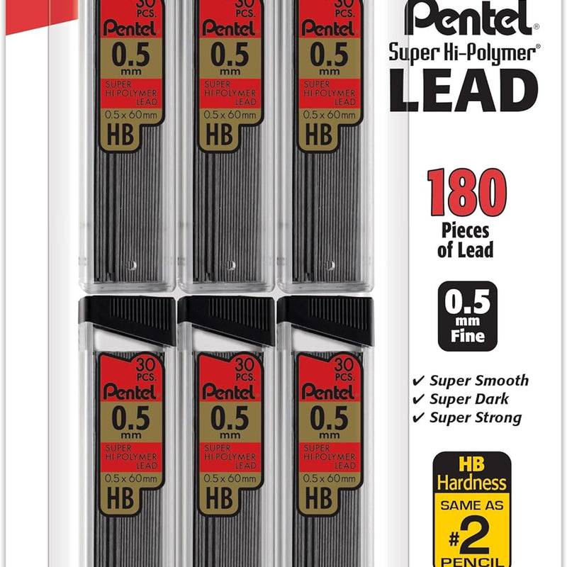 Pentel Super Hi-Polymer Refills, 0.7 mm Medium, HB, 180 Pieces of Lead (C27BPHB6)