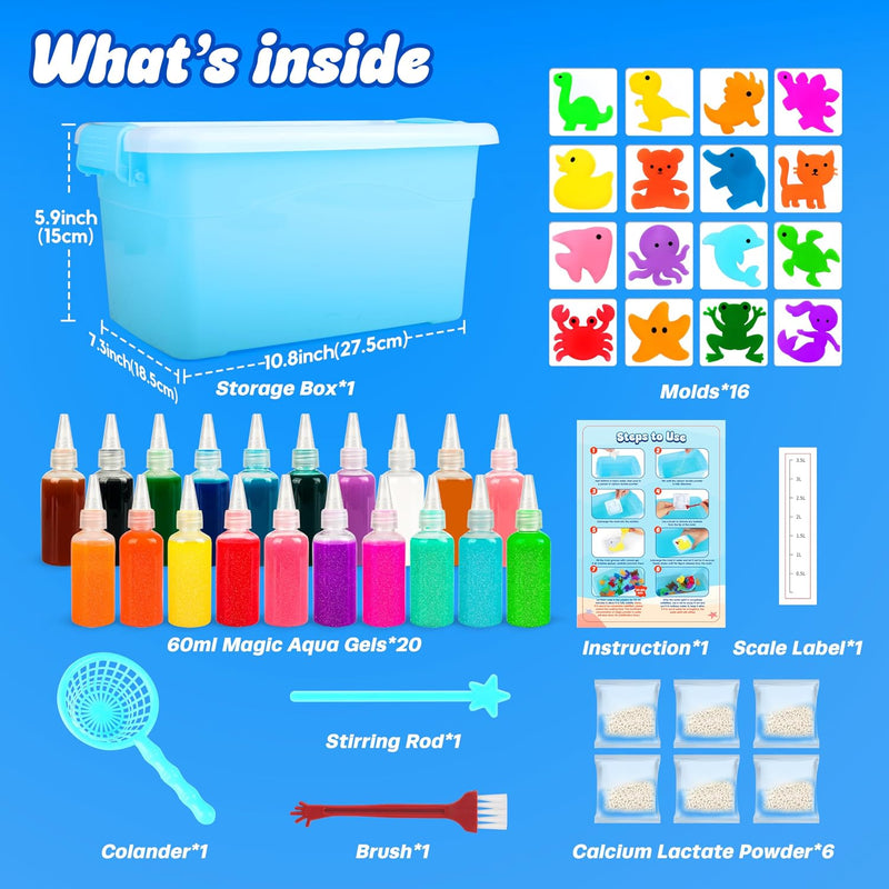 Mocoosy 20 Colors Magic Water Gel Kit for Kids, Aqua Fairy Water Elf Toy Kit with Aqua Gels & Squishy Molds, Make Your Own Squishies, DIY Squishy Maker Set Water Pets Summer Crafts Boys Girls Gifts