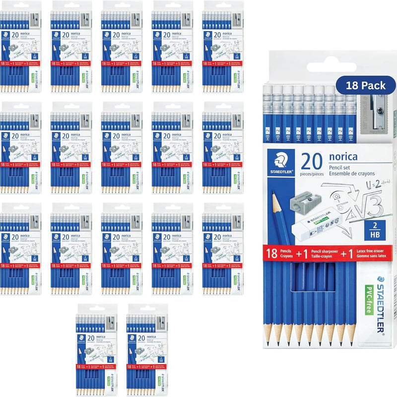 STAEDTLER Norica #2 HB Wood-Cased Pencil Set: 18 Pre-Sharpened Graphite Pencils with 1 Eraser & 1 Sharpener, Break-Resistant Lead, For Writing & Drawing, Blue, Ideal for Classroom, Home & Office