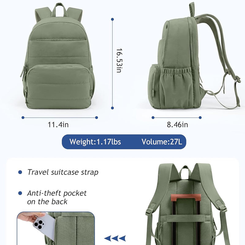 Uselike Travel Backpack for Women, 15.6 Inch Laptop Backpack, Quilted College Bookbag, Cute Work Backpacks, Water Resistant (Sage Green)