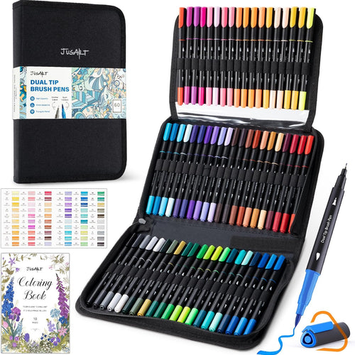 JusArt Markers for Adult Coloring Books No Bleeding, 60 Colors | Dual Tip, Triangle Grip, Fine & Brush Tips, Water-Based, 33% More Ink, With 200gsm Coloring Book, Storage Case, 6 Spare Tips