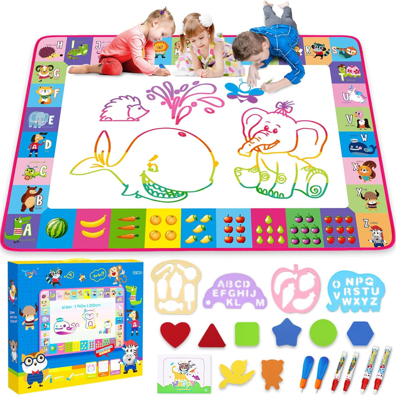 water doodle mat for kids with 6 magic pens, reusable, no ink, no paint, water-resistant