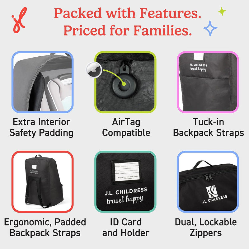 J.L. Childress Padded Backpack Car Seat Travel Bag - Deluxe, Black
