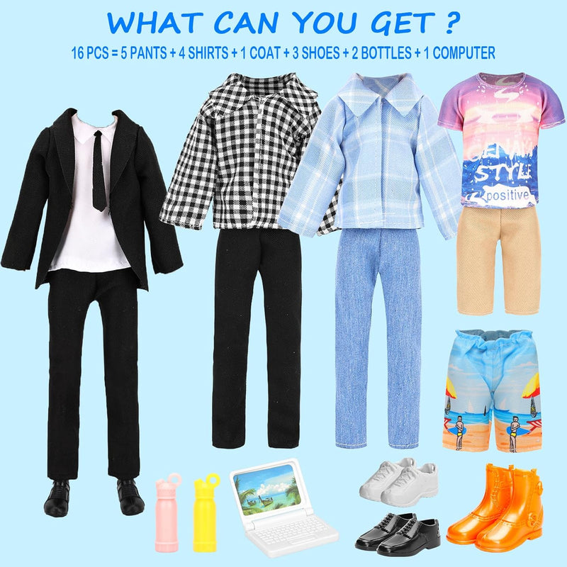 Miunana Lot 16 Items Doll Clothes & Accessories Classic Black Suit for Boy Doll Include Random 4 PCS Casual Wear + 5 PCS Dolls Pants + 3 Pairs of Shoes Laptop Water Bottles