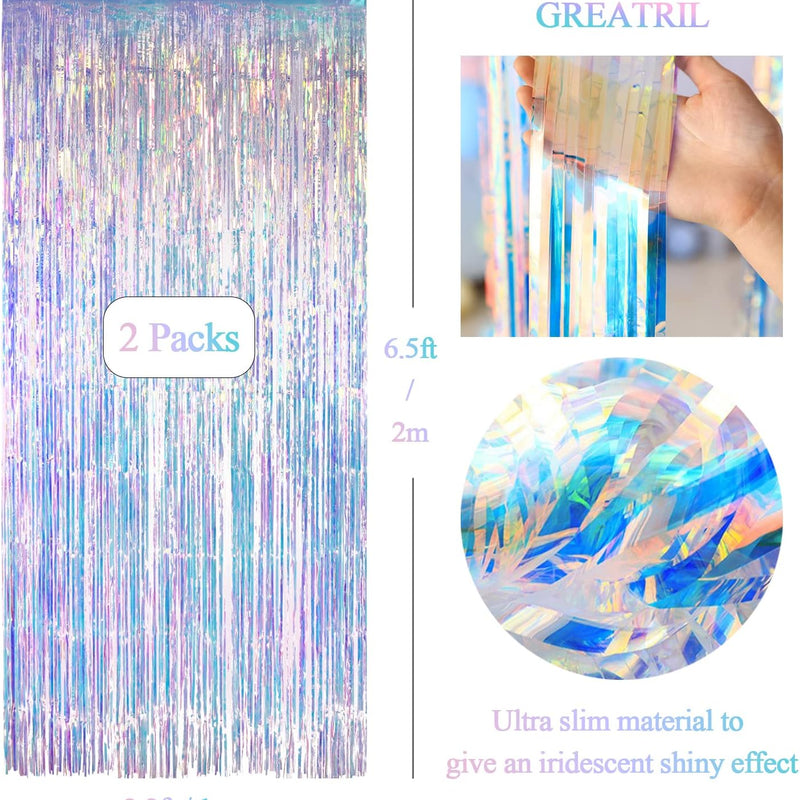 GREATRIL iridescent party backdrop, 2 PCS, 3.2ft x 6.5ft, tinsel foil fringe curtain for mermaid/frozen/sea/euphoria party theme decorations