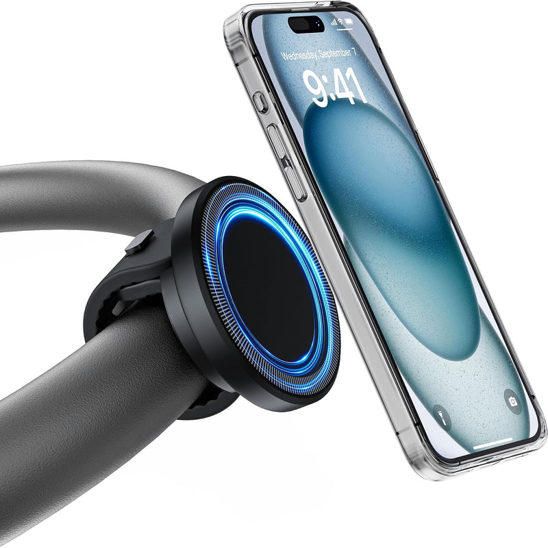 Stroller Phone Holder, Compatible with MagSafe, Magnetic Handlebar Mount | 17x N52 Strong Magnets, Fits Treadmills, Peloton, Shopping & Golf Carts, Adjustable Silicone Strap for iPhone 12-17 & Android