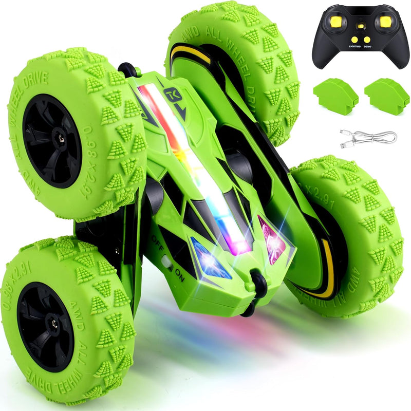 Threeking 4WD stunt RC car with soft lights, green, for kids ages 6-12, unique gift