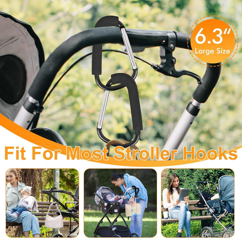 2 Pack Stroller Hooks, 6.3" Large Stroller Clips, Carabiner Clip | Stroller Hook for Hanging Diaper Bags and Shopping, Universal Stroller Accessories for Mommy