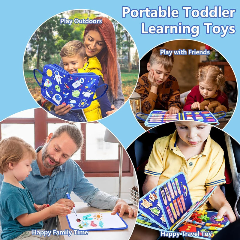 Blue toddler busy board with 12 pages of interactive learning activities for boys, ideal birthday gift for 1-3 year olds