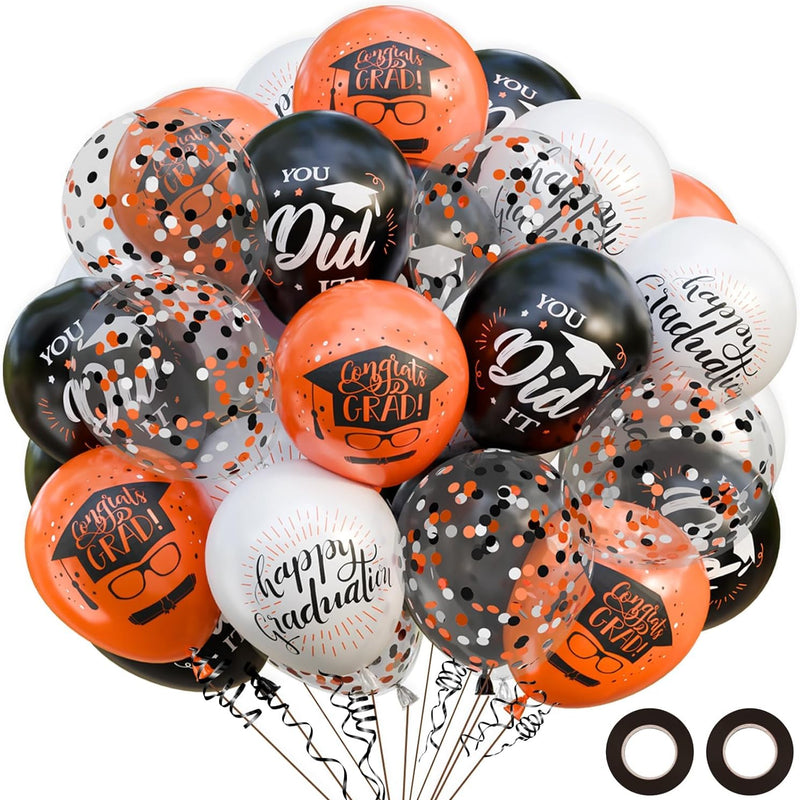 75-pack Black Gold Graduation Party Decorations Balloons with Ribbons for College or High School Party Supplies