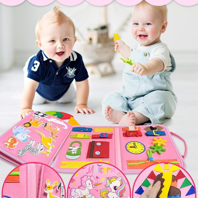 Exorany 8-Page Busy Board for Toddler Girl, Sensory Learning Toy with 20+ Activities, Soft Felt Material, Lightweight and Compact Design