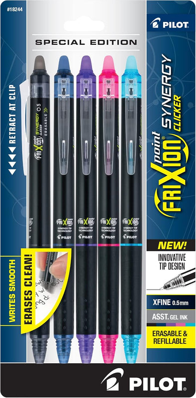 Pilot FriXion Synergy Clicker Erasable, Refillable, Retractable Gel Ink Pens, Extra Fine Point 0.5 mm, Pack of 5, Black Ink, FriXion Erasable Pens 0.5 - Ideal for School & Office Writing