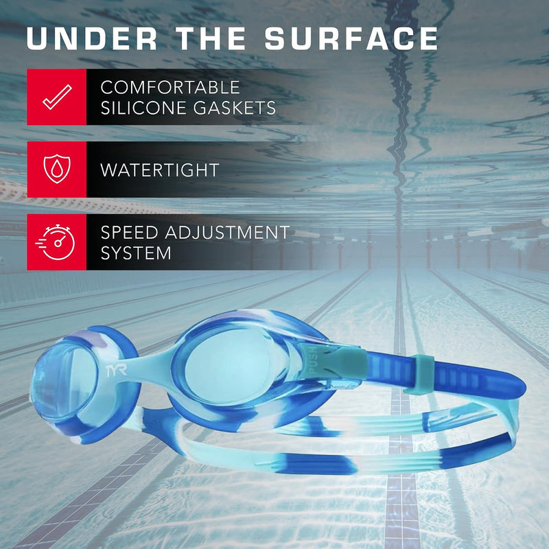 TYR Kids' Swimple Goggles - Colorful Swim Goggles for Beginners | Comfy Youth Unibody Fit | Advanced Anti-Fog UV Eye Protection | Safe No-Leak Silicone Gaskets | Quick-Adjust Release Button