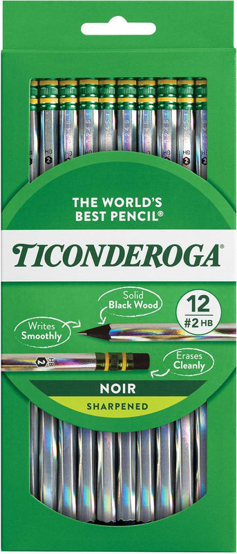 Ticonderoga Noir Black Wood-Cased #2 Pencils, Holographic Design, 12 Count
