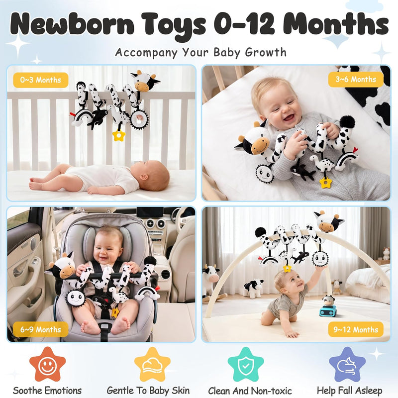 Spiral Car Seat Baby Toys 0-6 Months, Infant Carseat High Contrast Sensory Toys Hanging Stroller Accessories, Newborn Shower Gifts for Baby Boys Essentials Stuff, Cute Black and White Cow
