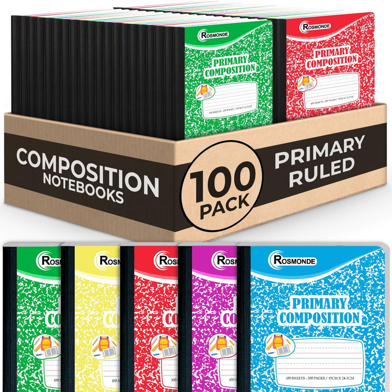Rosmonde 5 Pack Primary Composition Notebook, 200 Pages (100 Sheets), Drawing Story Journal Writing Notebook, 9-3/4 x 7-1/2, Primary Composition Notebooks, Grades K-2, With Header For Drawing