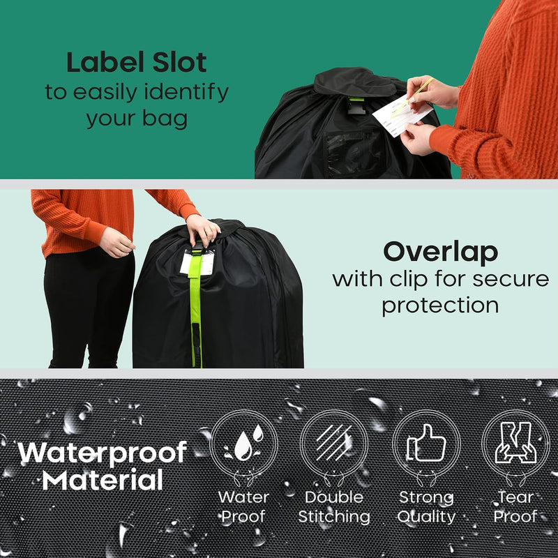 Large Stroller Bag for Airplane Travel, Black & Green, 47" H x 24" W x 15" D, Fits Most Large, Single, Double, Jogging Strollers – Premium Waterproof Cover, Adjustable Shoulder Straps