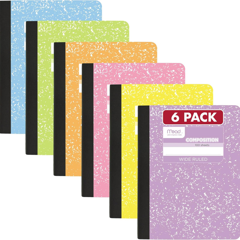Mead Composition Notebook, Wide Ruled 7.5" x 9.75" Paper, 100 Sheets, Assorted Colors, 6 Pack (950054-ECM)