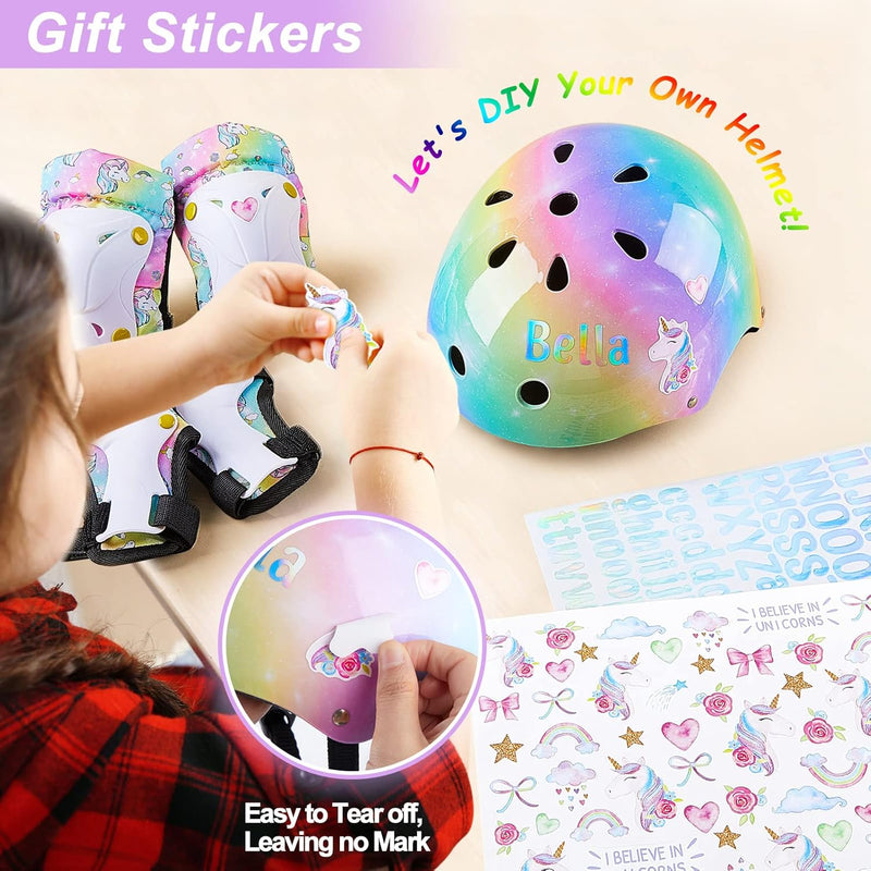 Kids Unicorn Helmet Set for Girls Age 3-8, Adjustable Protective Gear with Stickers for Roller Skates, Bicycle, Skateboarding, Scooter, Multiple Sports