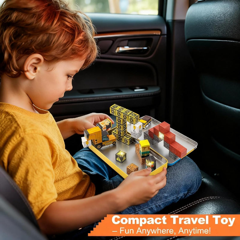 Aywewii Travel Magnetic Blocks 45 PCS for Kids Ages 3-5, Portable STEM Learning Set with Iron Case, Construction Edition