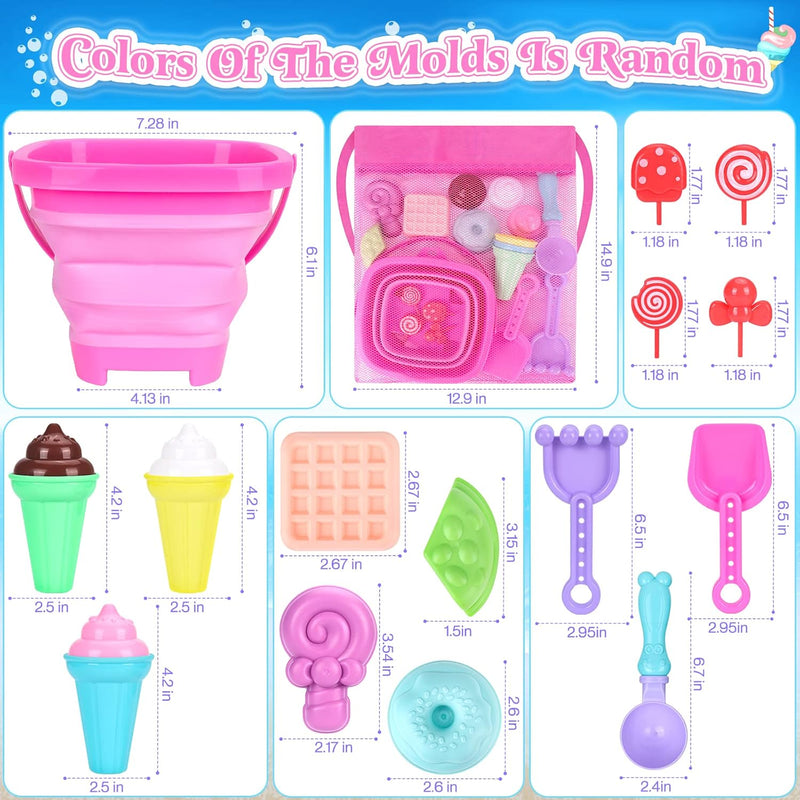 Collapsible Beach Toys Set for Kids & Toddlers: Foldable Bucket, Shovels, Sand Molds, Ice Cream Playset