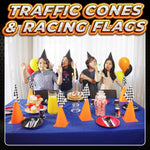Bedwina Race Car Birthday Party Decorations - 36 Pcs, 12 Orange Mini Cones & 24 Black/White Checkered Flags