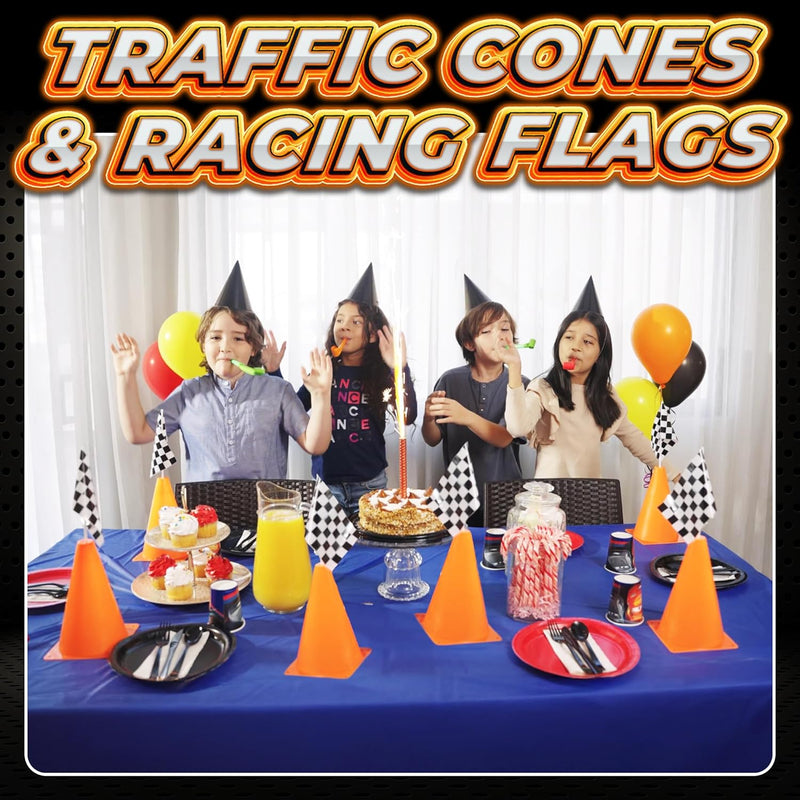 Bedwina Race Car Birthday Party Decorations - 36 Pcs, 12 Orange Mini Cones & 24 Black/White Checkered Flags