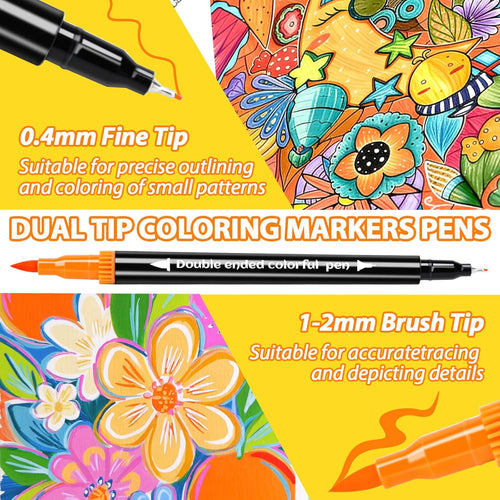 Coloring Markers, Dual Fine Tip And Brush Tip Markers Pens for Adult Coloring Book, 36 Colors Dual Marker Water-Based, Art Drawing Supplies Marker s Kit for Calligraphy, Illustrations, DIY Crafts
