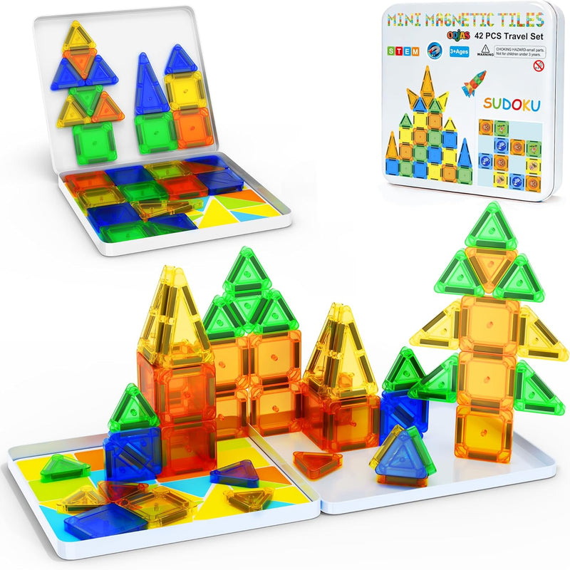 Mini Magnetic Tiles Travel Set with Case 30pcs, Mini Travel Magnet Tiles, Portable Travel Size Magnetic Tiles for Kids Ages 3-5 4-8 Boys Girls, STEM Magnet Toys for Outdoor, Kids Gift
