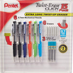 Pentel Twist-Erase Click Mechanical Pencils 0.7mm, HB #2, School Supplies, Teacher Supplies, Drawing Sketching pencils, Assorted Barrel Colors- 6 Mechanical Pencils, 6 Erasers, 3 Tubes of Lead Refills