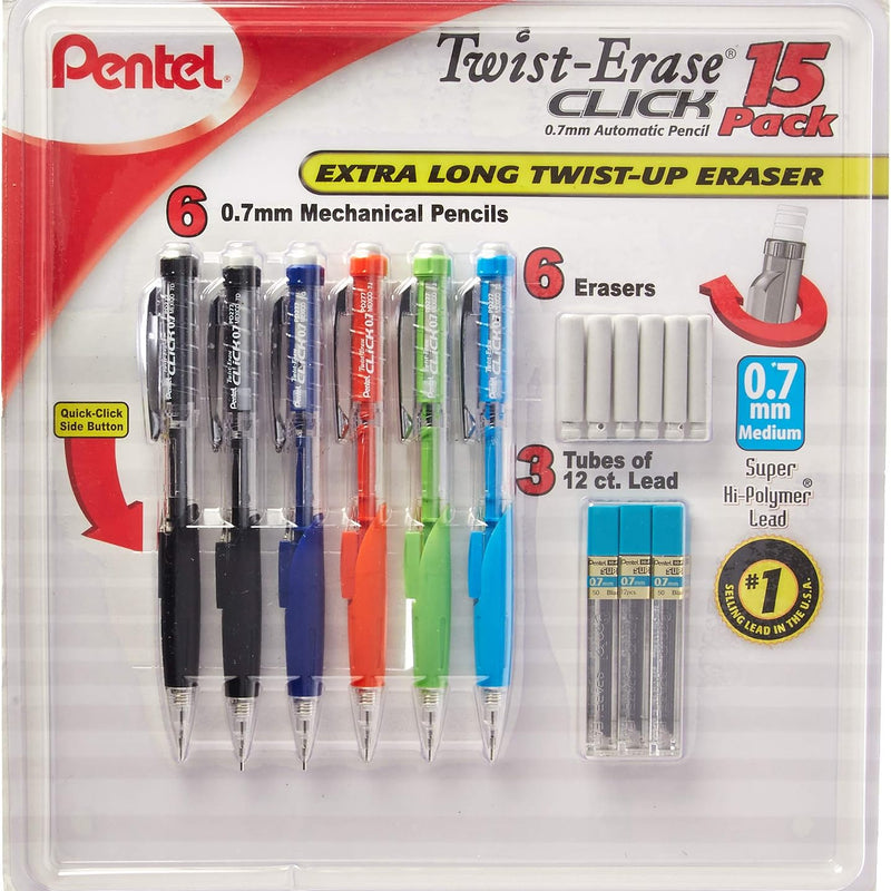 Pentel Twist-Erase Click Mechanical Pencils 0.7mm, HB #2, School Supplies, Teacher Supplies, Drawing Sketching pencils, Assorted Barrel Colors- 6 Mechanical Pencils, 6 Erasers, 3 Tubes of Lead Refills
