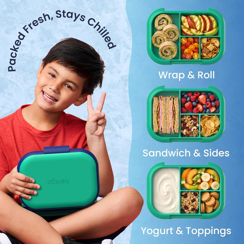 Bentgo Chill Kids Leakproof Lunch Box - 4-Compartment Bento Box with Built-In Ice Pack, 3.3 Cup Capacity, BPA-Free, Microwave & Dishwasher Safe Tray, Ages 3–7 (Green/Navy)
