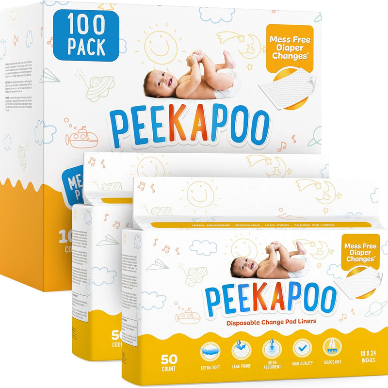 Peekapoo - The Original Disposable Baby Changing Pad Liners – 50 Pack | Super Soft, Waterproof, Ultra-Absorbent, Fragrance-Free, 24 x 18 Inch, Portable, Travel-Friendly, Pee Pads, BPA & PFAS Free