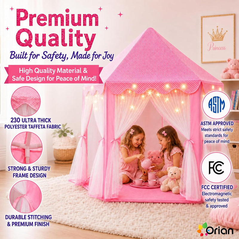 Orian Princess Tent for Kids, Toddler & Kids Pink Play Tent Indoor & Outdoor Princess Castle Fort for Girls and Toddlers Ages 2-7, 55”x53”, LED Star Lights, Children’s Toys and Gifts for Girls