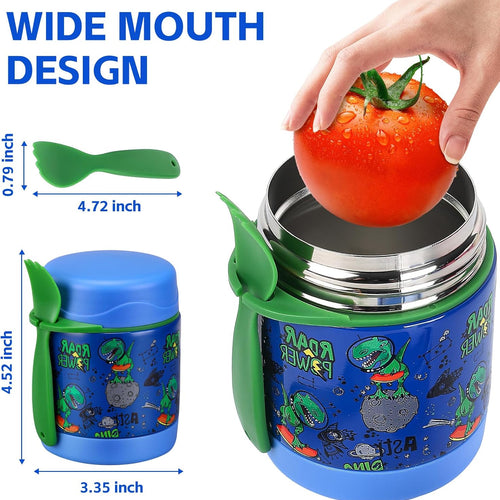 10oz Soup Thermo for Hot Food Kids Insulated Food Jar,Thermo Hot Food Lunch Container, Width Mouth Stainless Steel Lunch Box for Kids with Spoon (Blue-dinosaur)